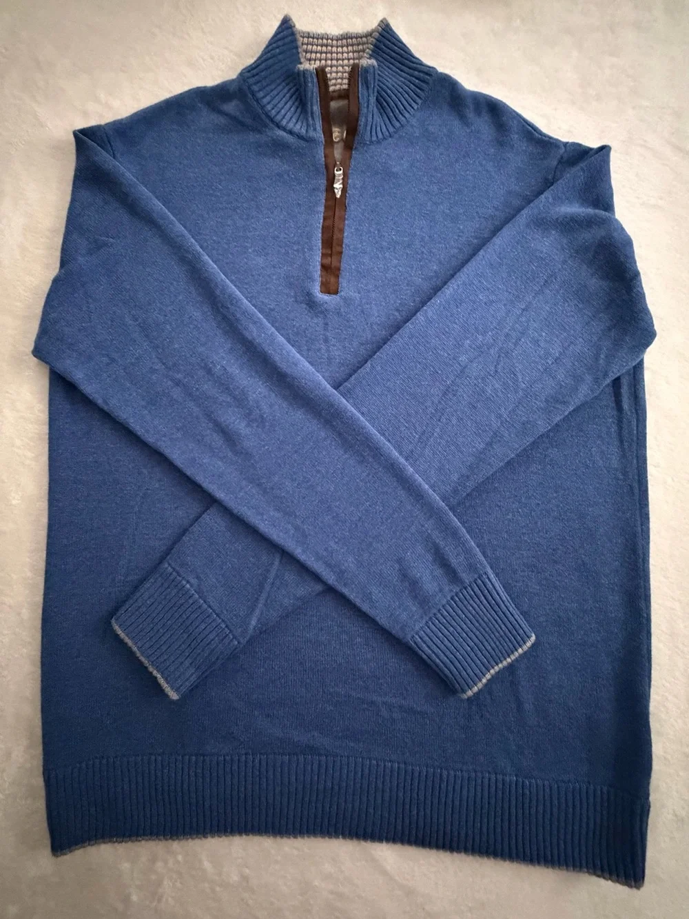 Robert Graham Men's Blue Quarter-Zip Cotton Long Sleeve Sweater with Brown Trim